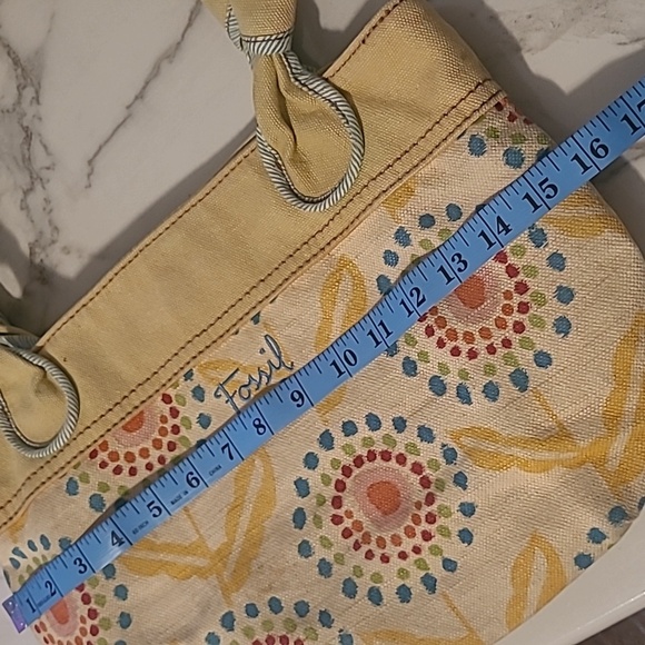 Fossil Yellow Beige Floral Canvas Leather Flowers Accent Knot Handles Tote Boho - Picture 16 of 16